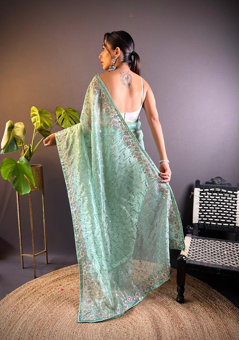 Sea Green Embroidered Net Saree Set