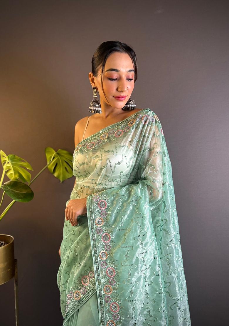 Sea Green Embroidered Net Saree Set