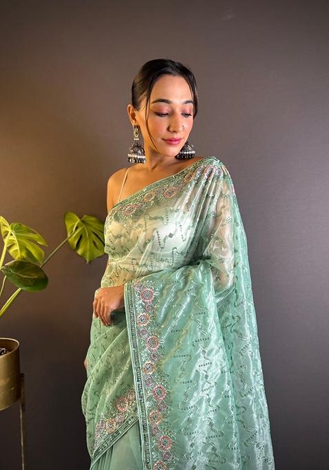 Sea Green Embroidered Net Saree Set