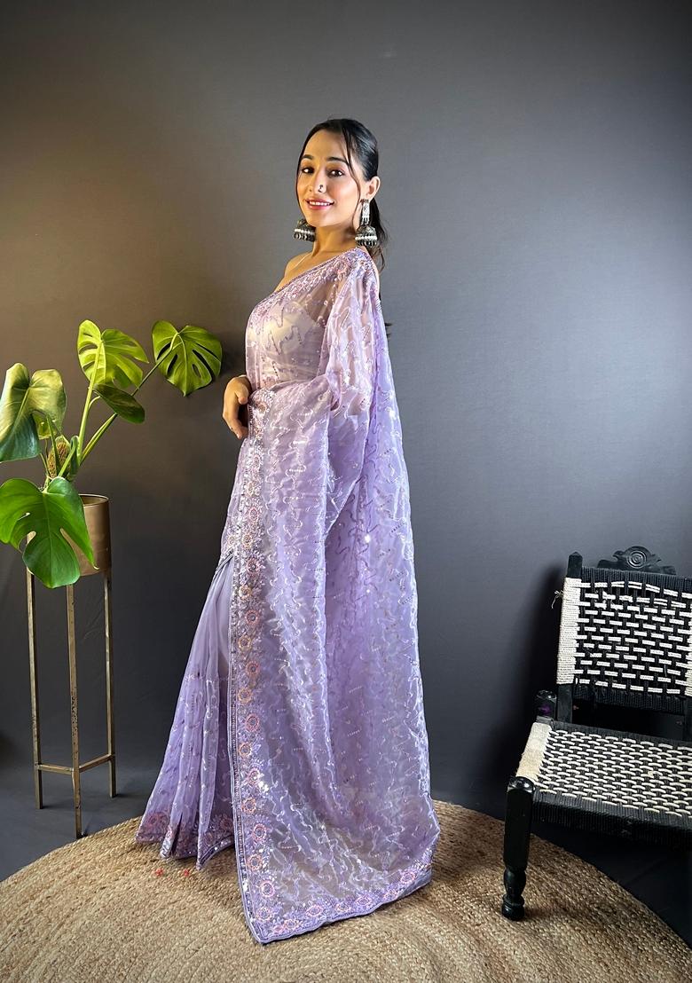 Purple Embroidered Net Saree Set