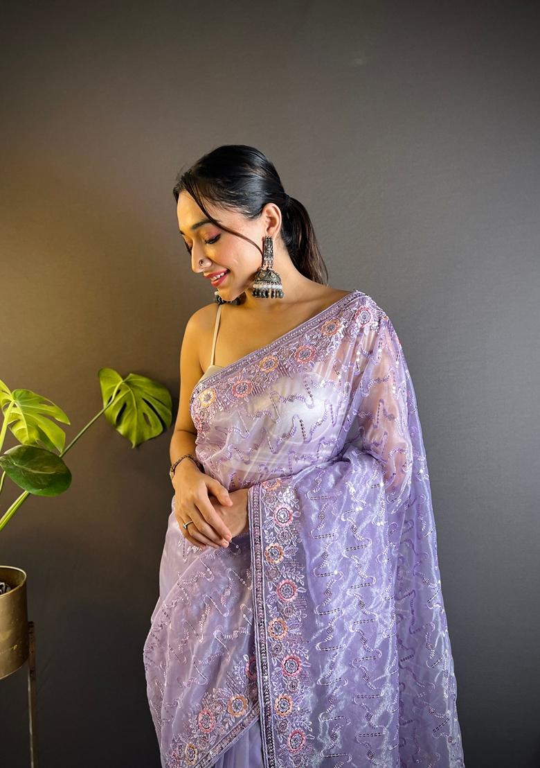 Purple Embroidered Net Saree Set