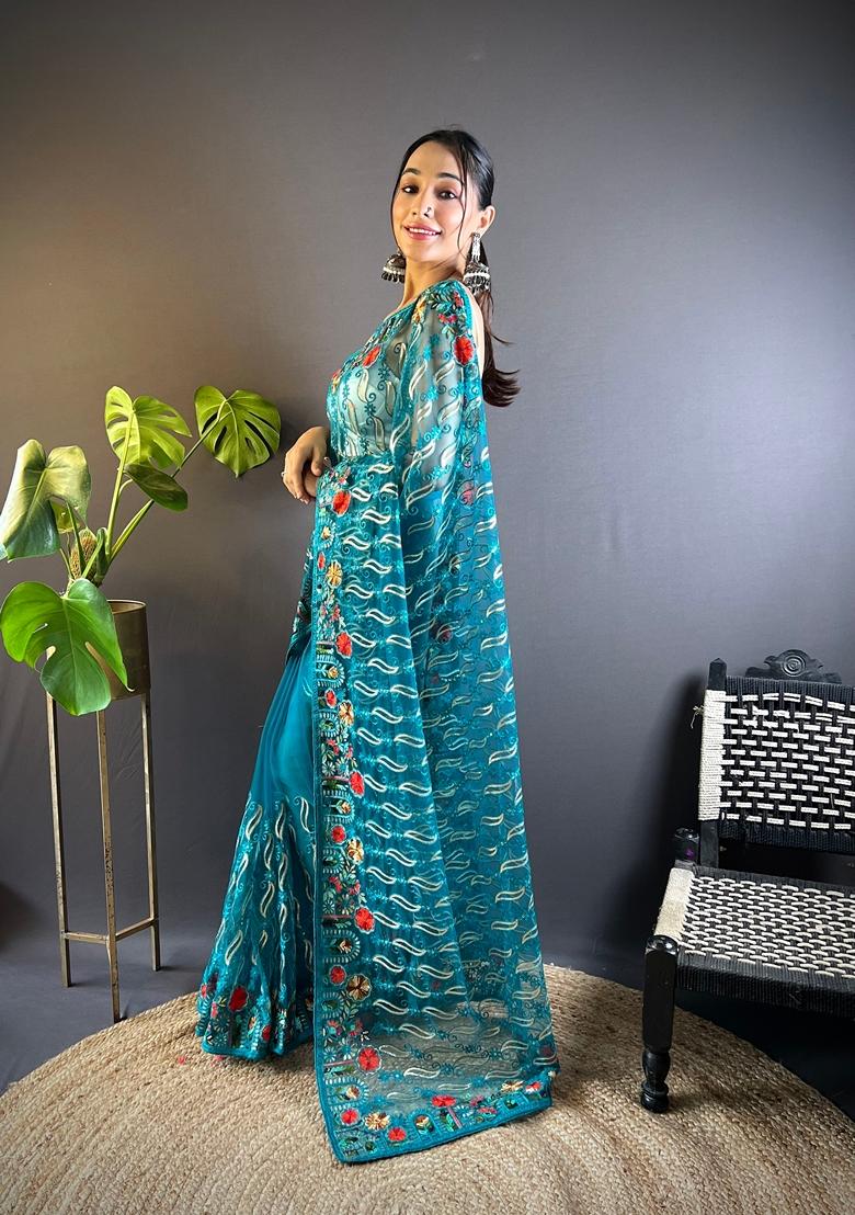 Green Embroidered Net Saree Set