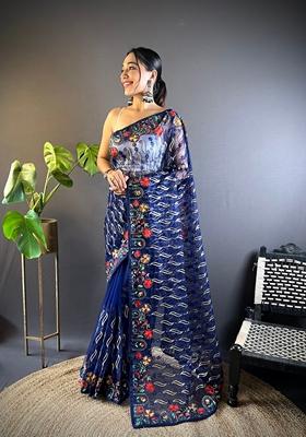 Blue Embroidered Net Saree Set