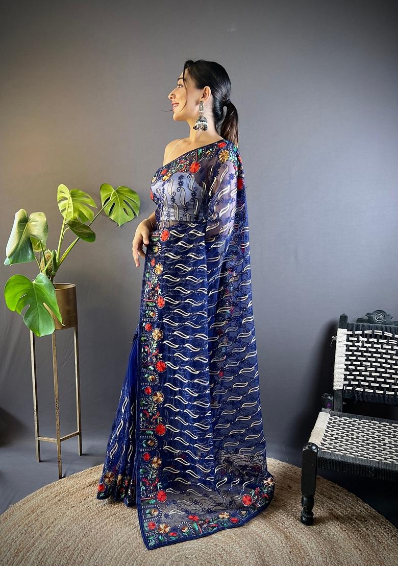 Blue Embroidered Net Saree Set