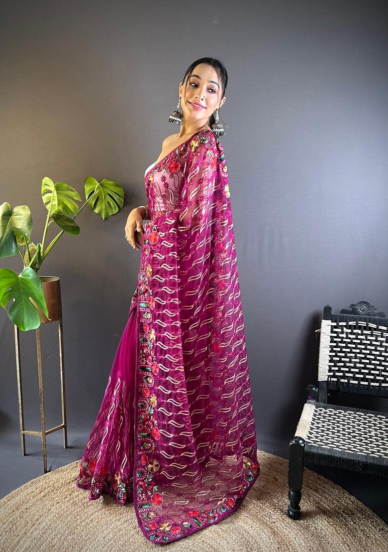 Magenta Embroidered Net Saree Set