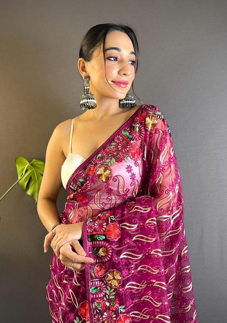 Magenta Embroidered Net Saree Set