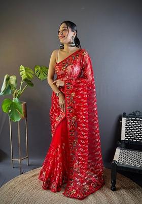 Red Embroidered Net Saree Set