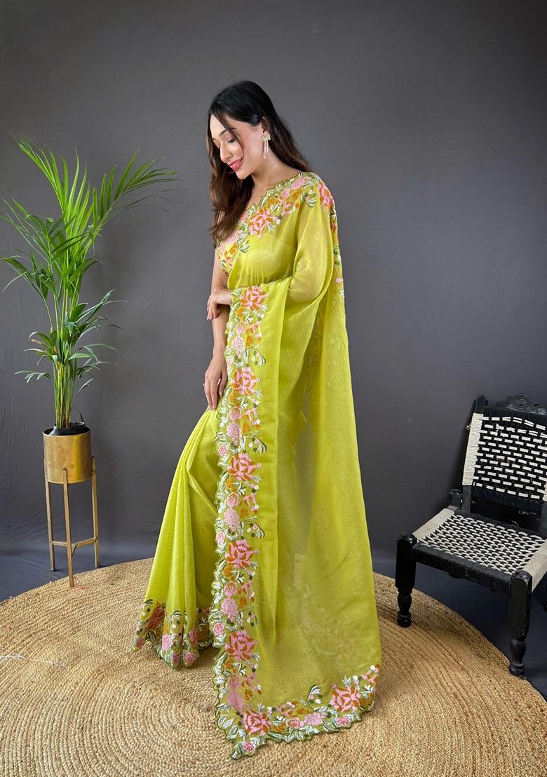 Green Embroidered Silk Saree Set