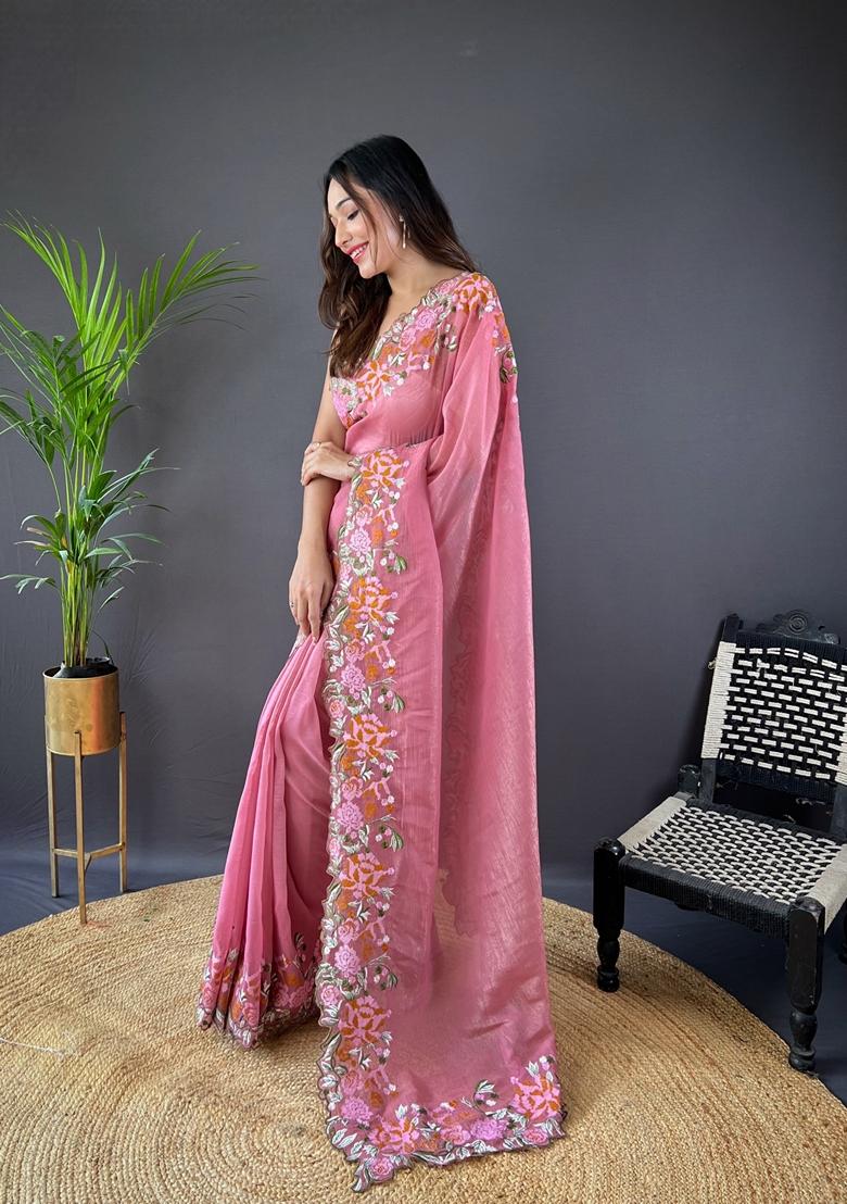 Pink Embroidered Silk Saree Set