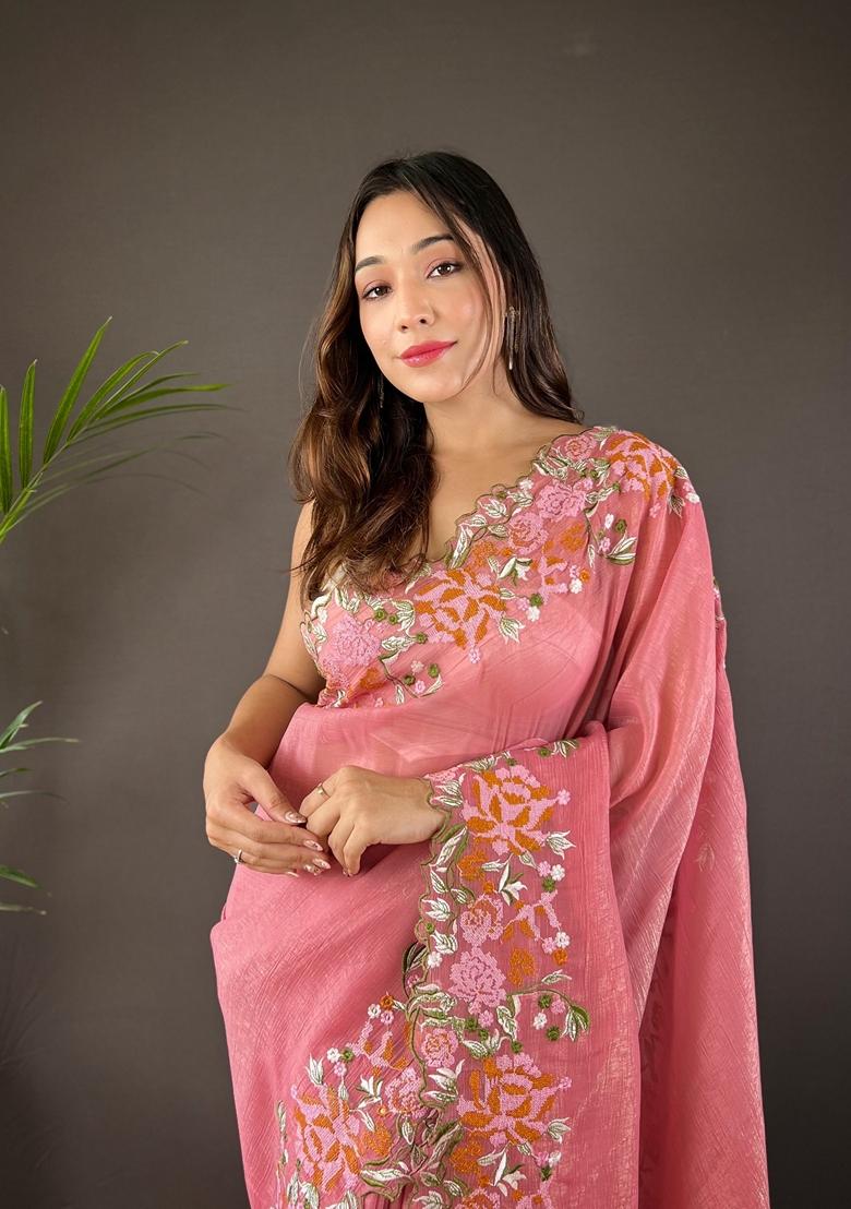 Pink Embroidered Silk Saree Set