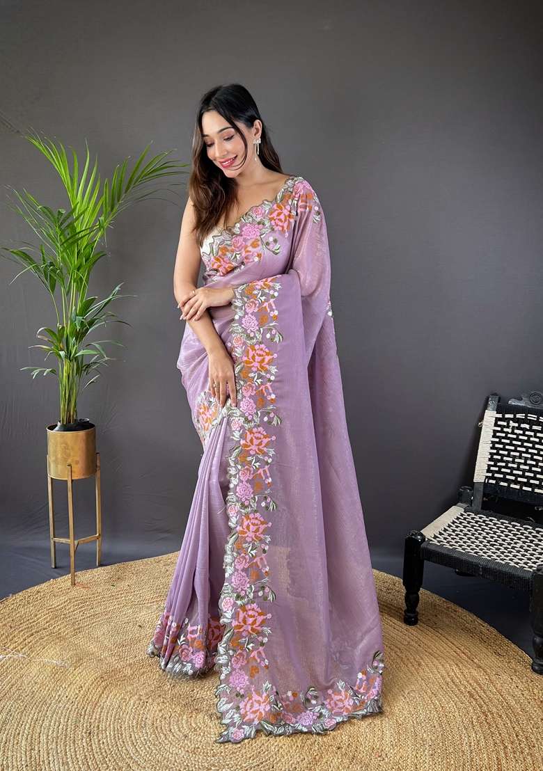 Purple Silk Saree Set with Embroidered for Diwali | Wedding & Festive Wear - Indya
