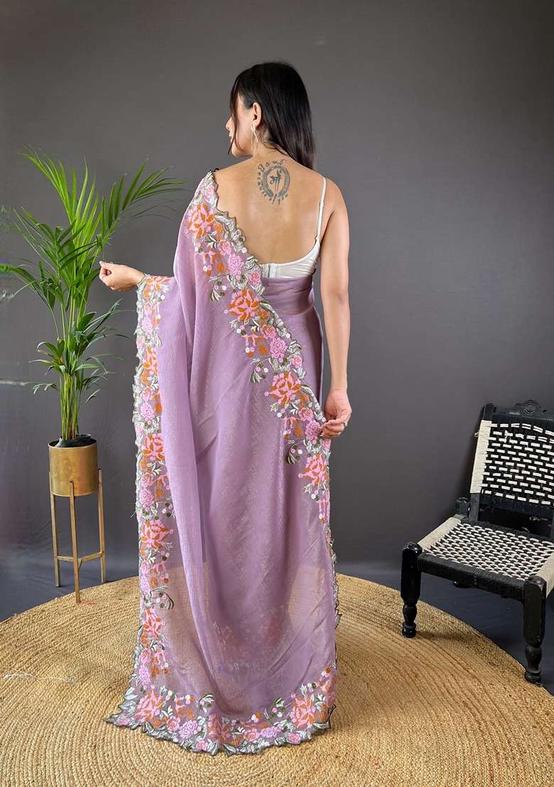 Purple Silk Saree Set with Embroidered for Diwali | Wedding & Festive Wear - Indya