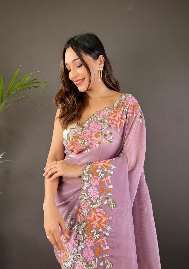 Purple Embroidered Silk Saree Set