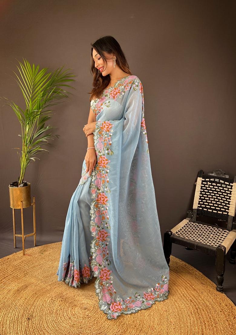 Sky Blue Embroidered Silk Saree Set