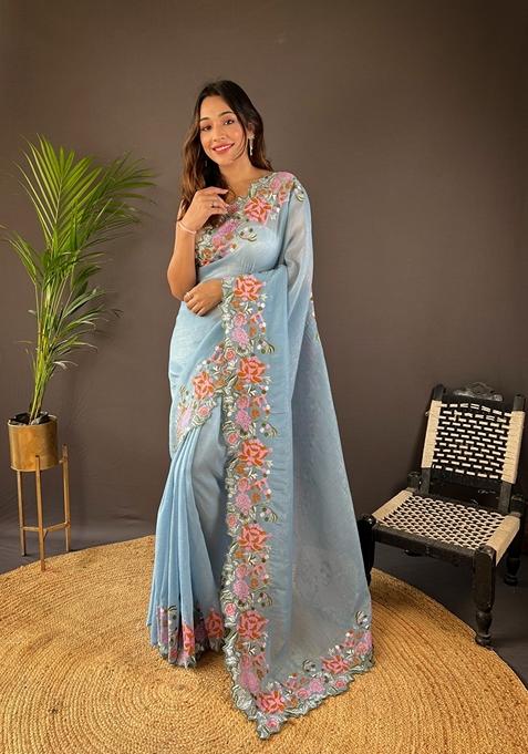 Sky Blue Embroidered Silk Saree Set