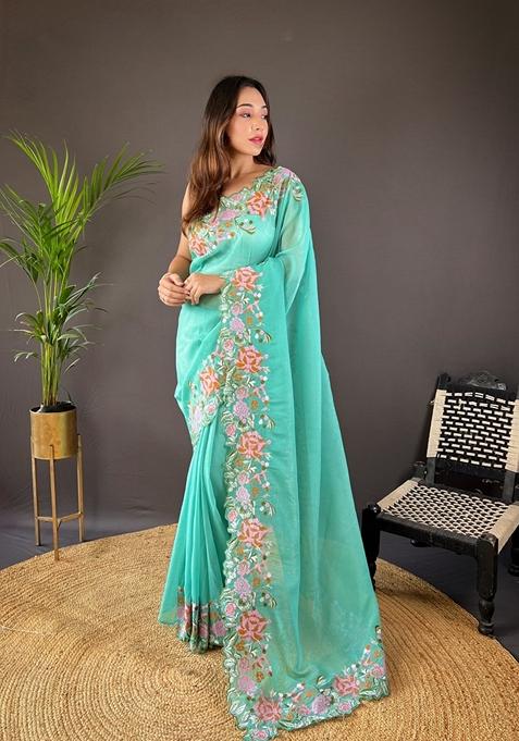 Sea Green Embroidered Silk Saree Set