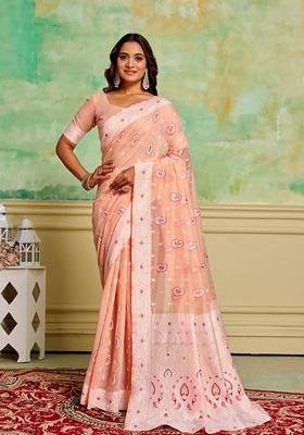 Peach Woven Cotton Saree Set