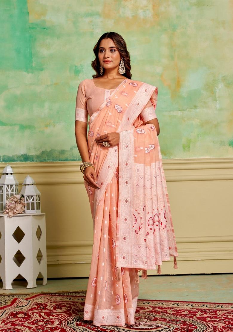 Peach Woven Cotton Saree Set