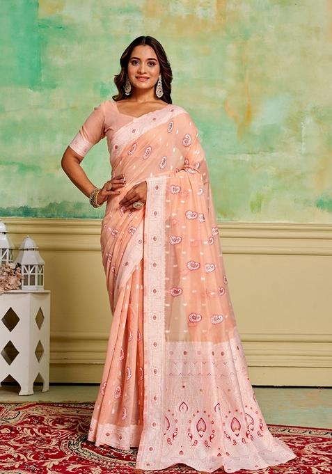 Peach Woven Cotton Saree Set