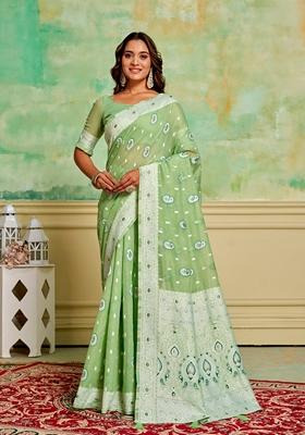 Green Woven Cotton Saree Set