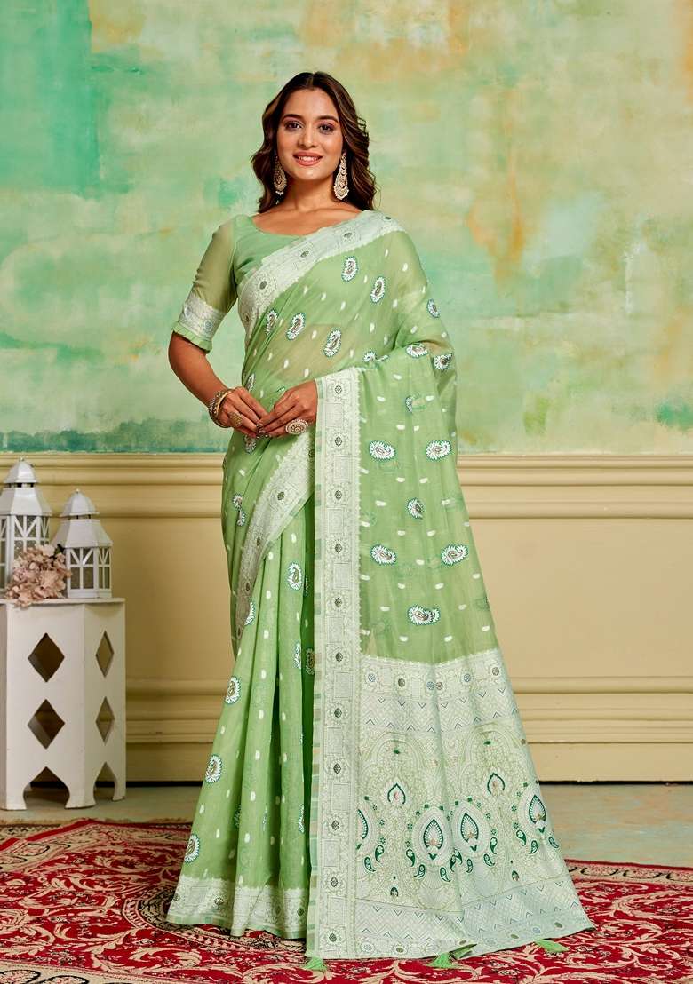 Green Woven Cotton Saree Set - Indya