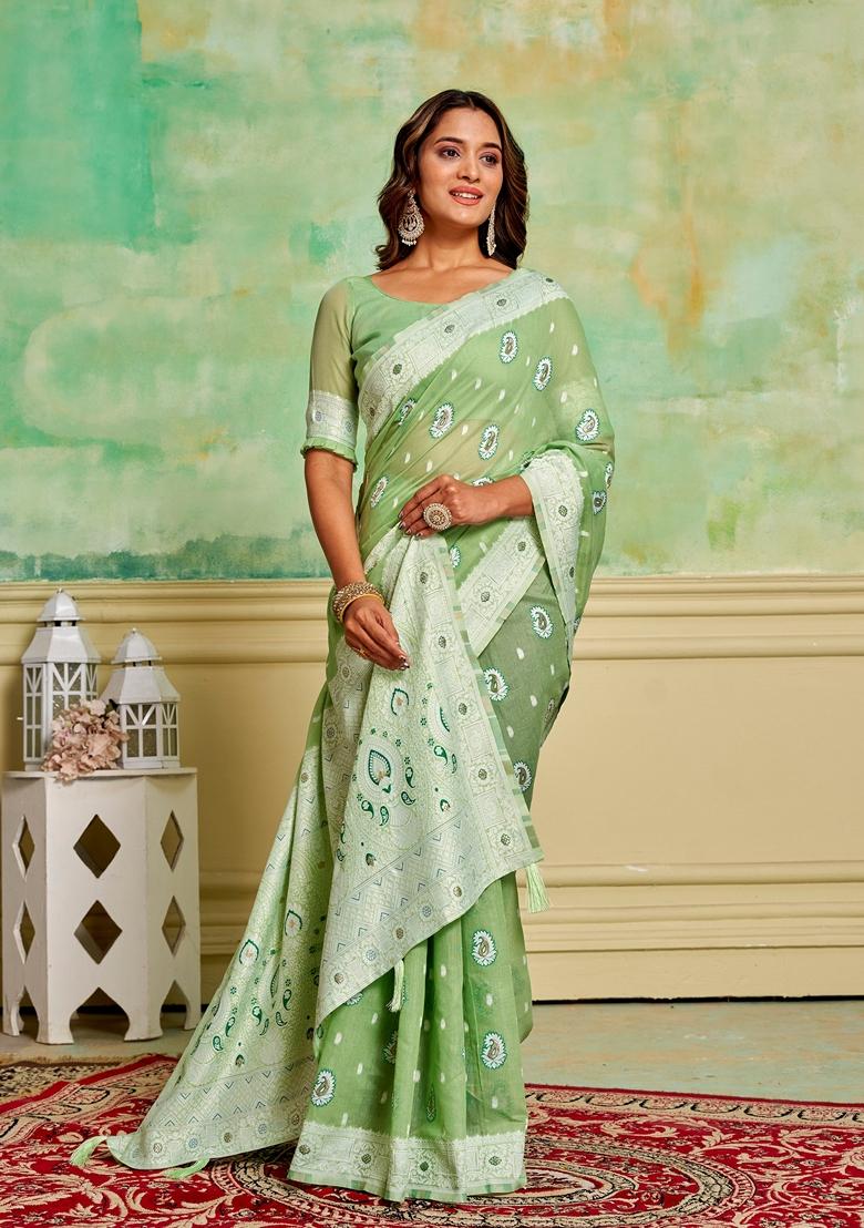 Green Woven Cotton Saree Set