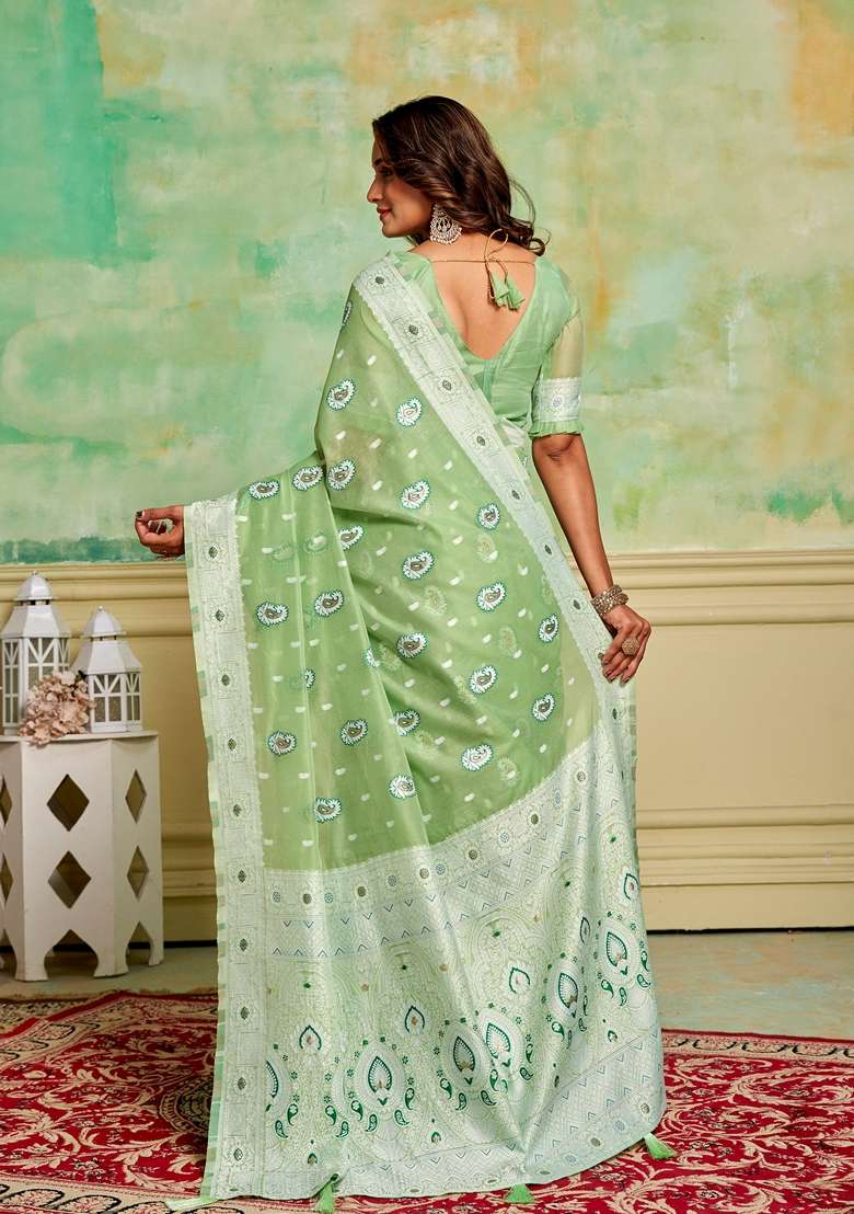 Green Woven Cotton Saree Set - Indya