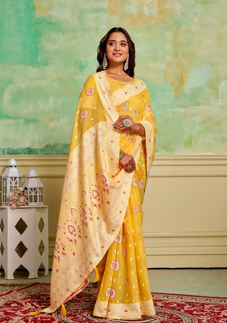 Yellow Woven Cotton Saree Set