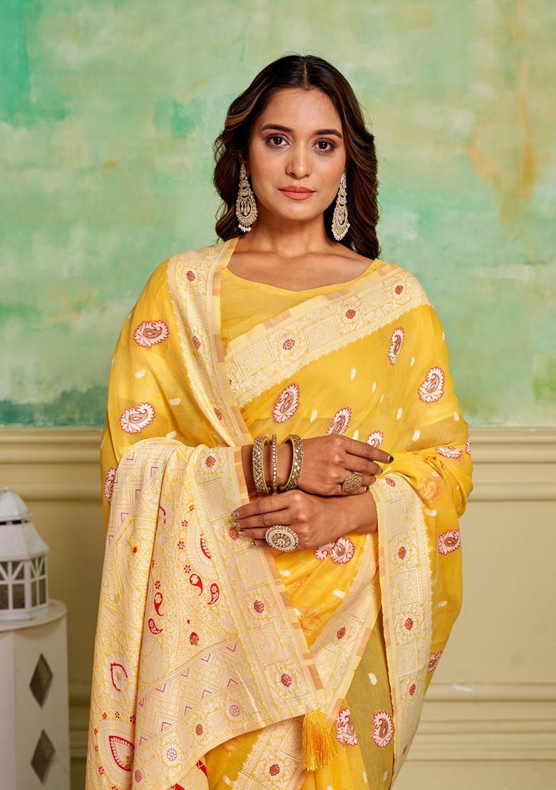 Yellow Woven Cotton Saree Set