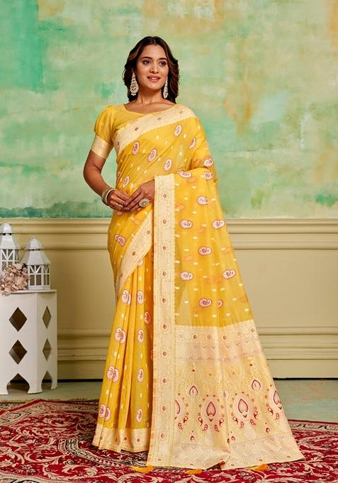 Yellow Woven Cotton Saree Set