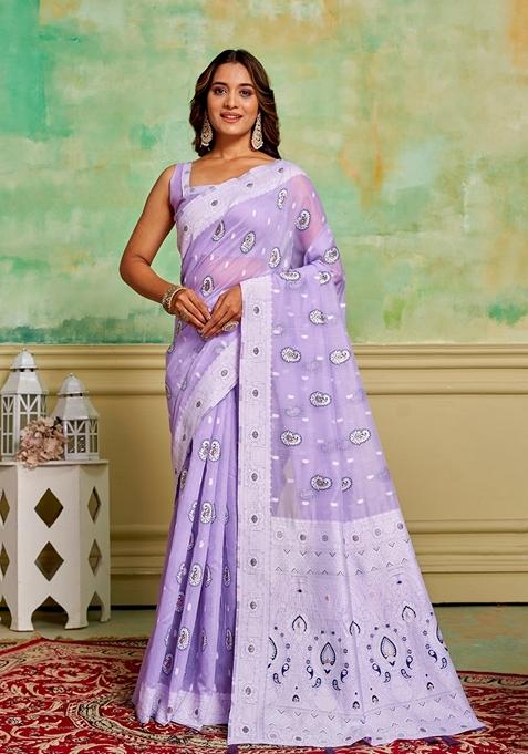 Lavender Woven Cotton Saree Set