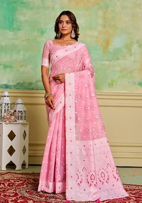 Pink Woven Cotton Saree Set