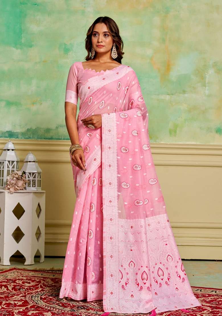 Pink Woven Cotton Saree Set - Indya
