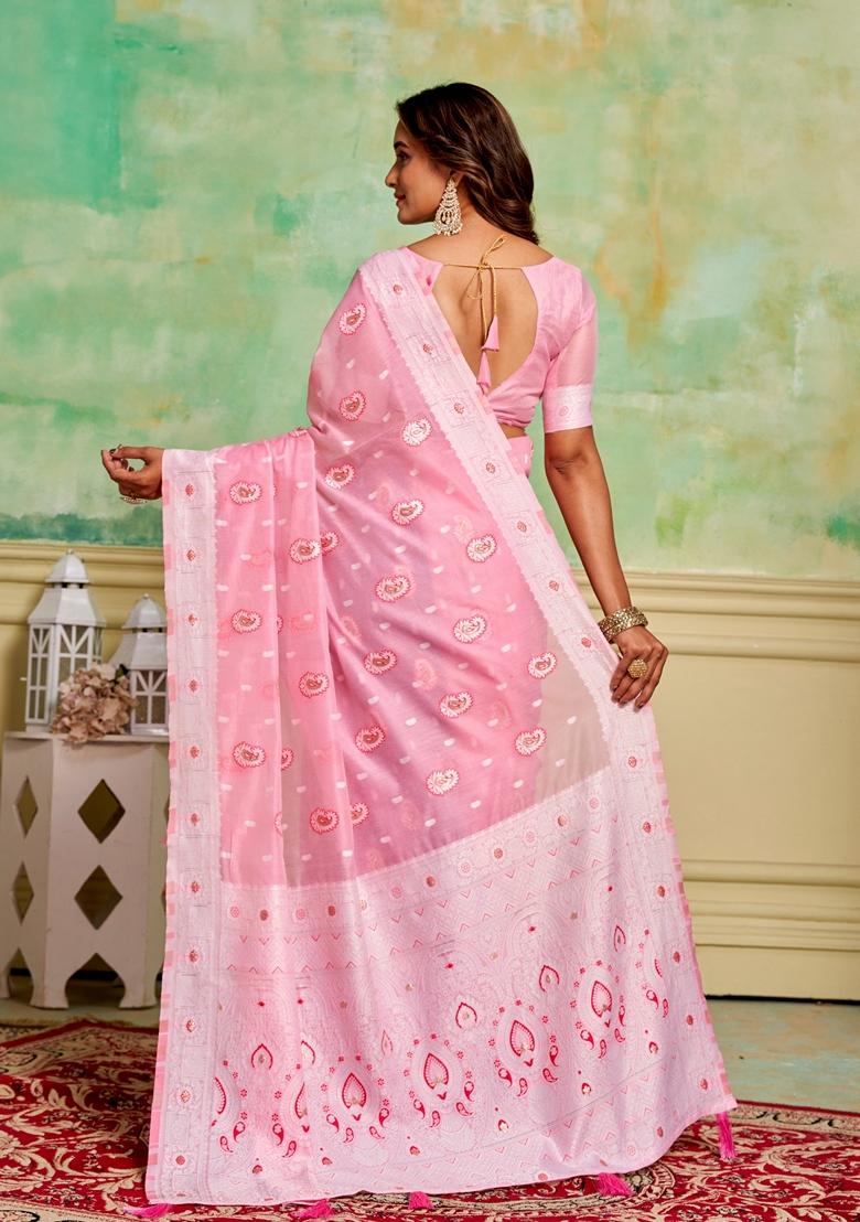 Pink Woven Cotton Saree Set