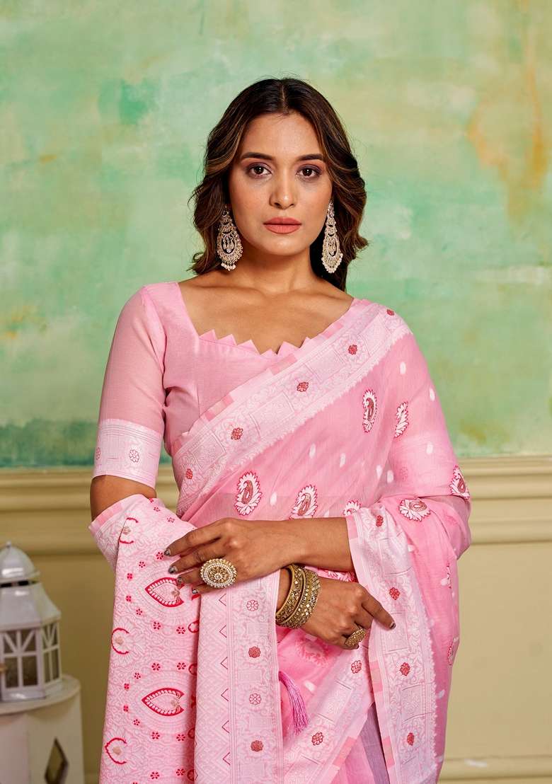 Pink Woven Cotton Saree Set - Indya