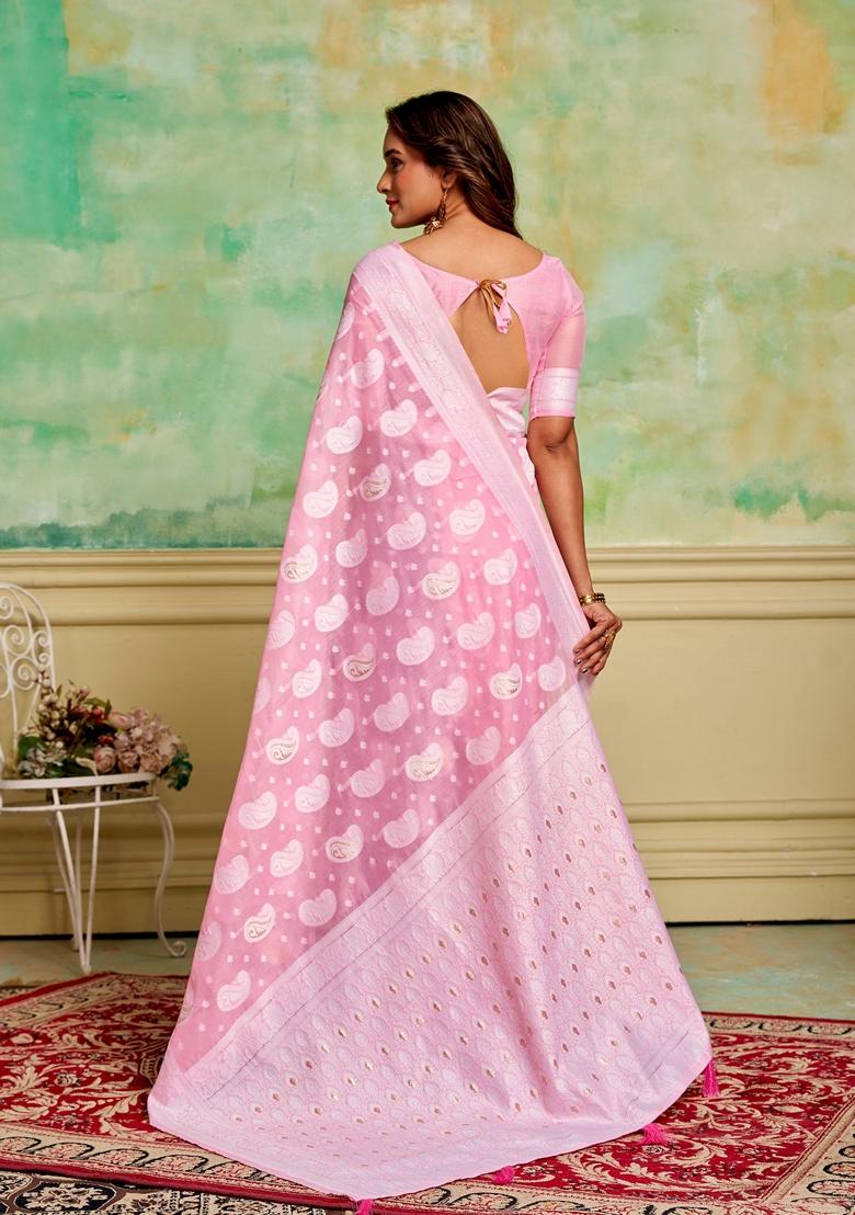 Pink Woven Cotton Saree Set