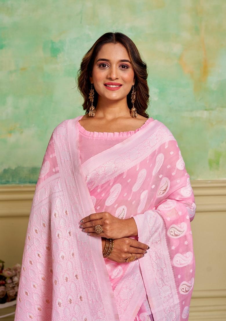 Pink Woven Cotton Saree Set