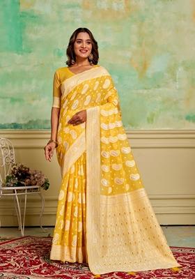 Yellow Woven Cotton Saree Set