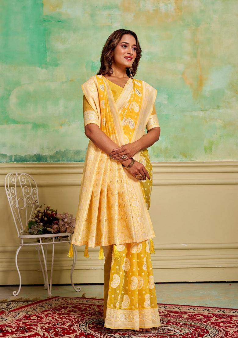 Yellow Woven Cotton Saree Set