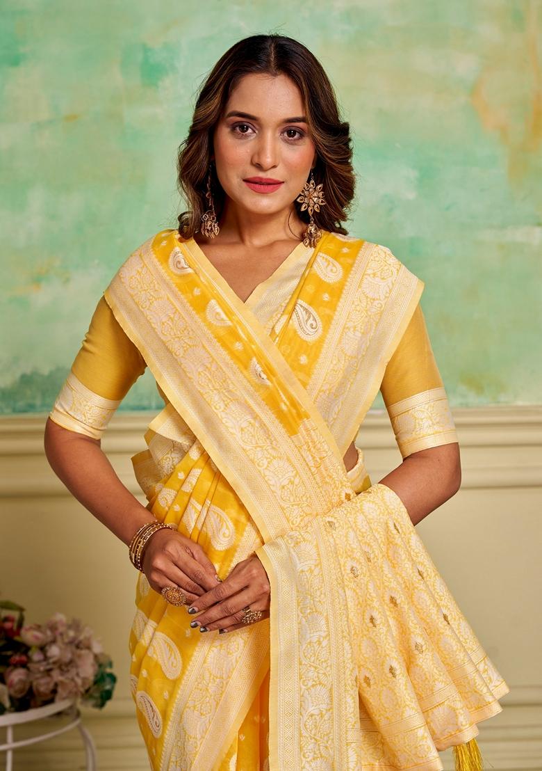 Yellow Woven Cotton Saree Set