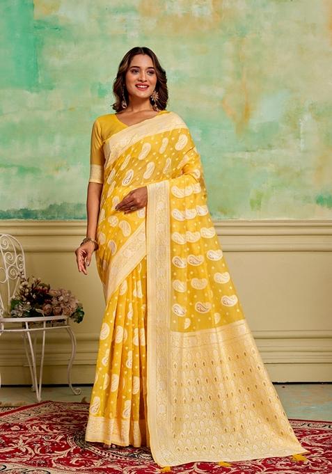 Yellow Woven Cotton Saree Set