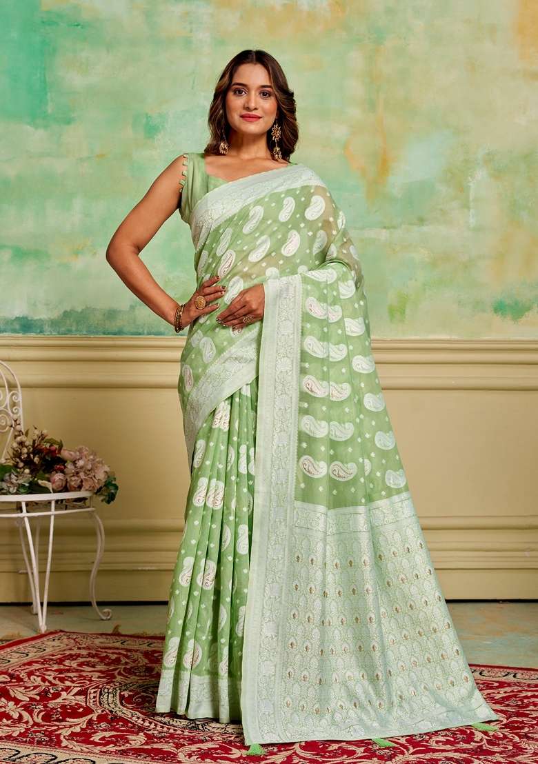 Green Woven Cotton Saree Set - Indya
