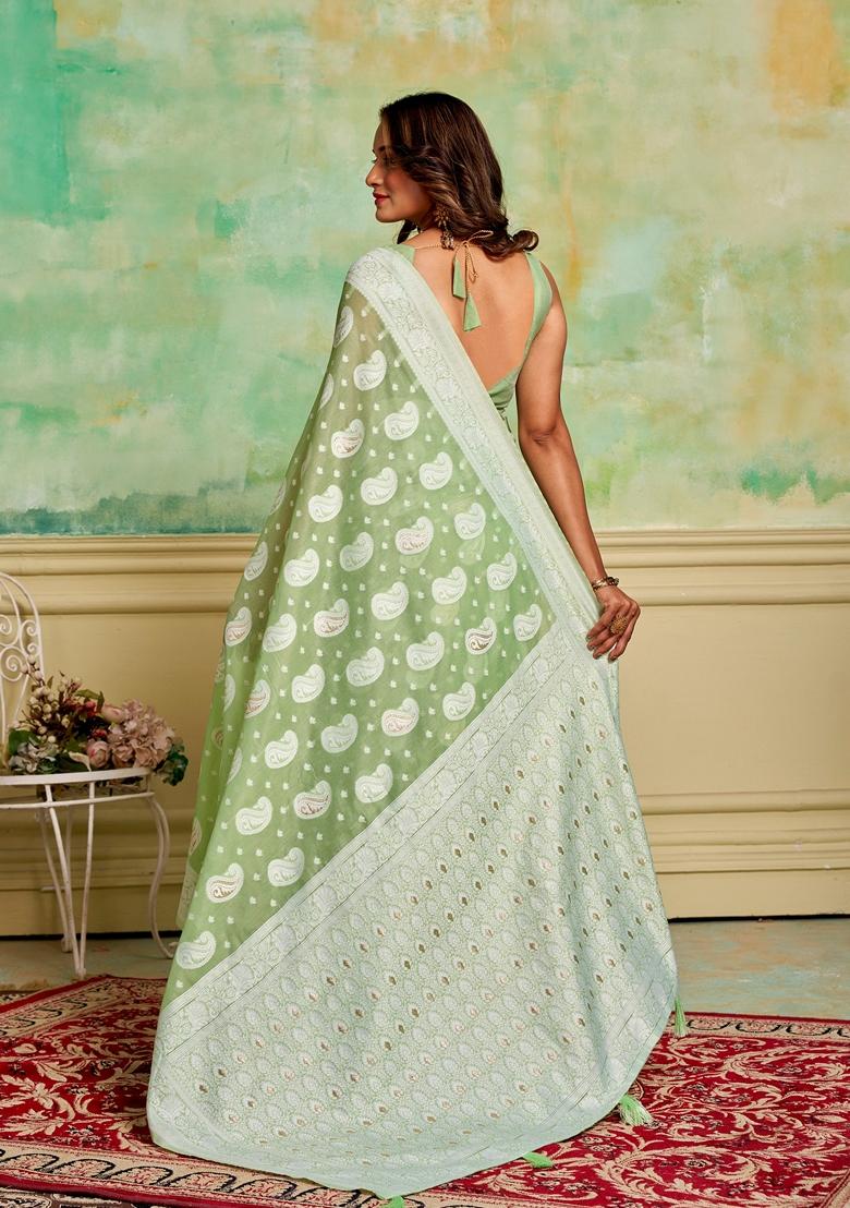 Green Woven Cotton Saree Set