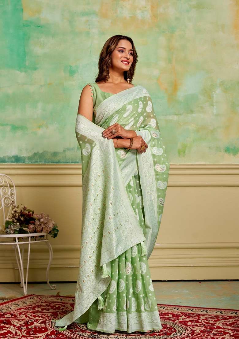 Green Woven Cotton Saree Set - Indya