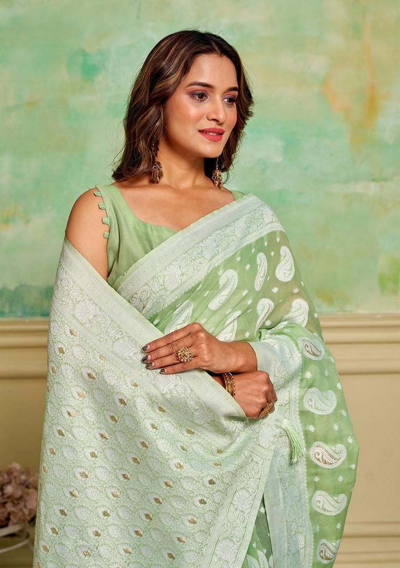Green Woven Cotton Saree Set