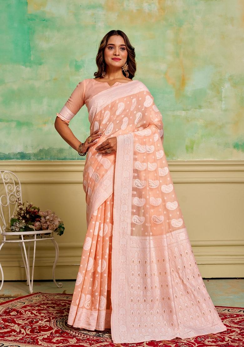 Peach Woven Cotton Saree Set