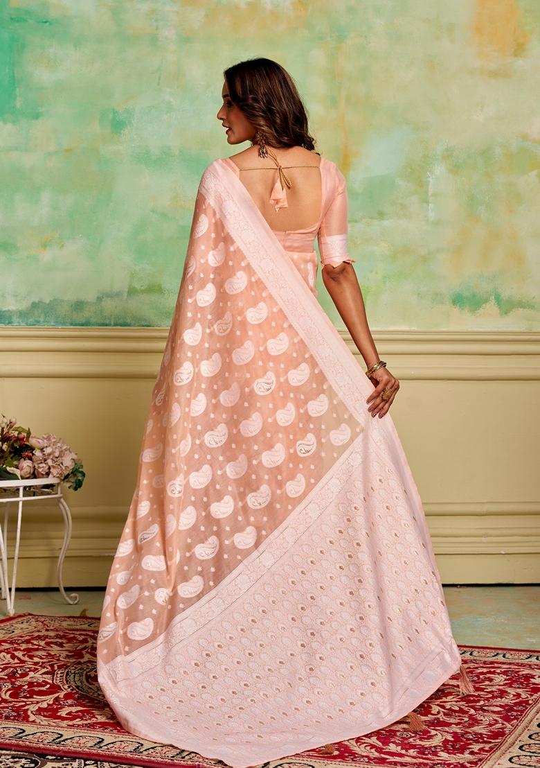 Peach Woven Cotton Saree Set