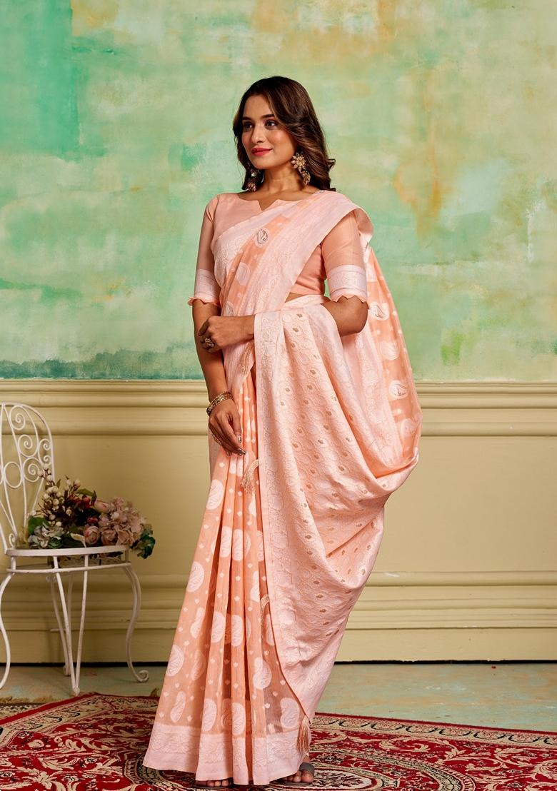 Peach Woven Cotton Saree Set