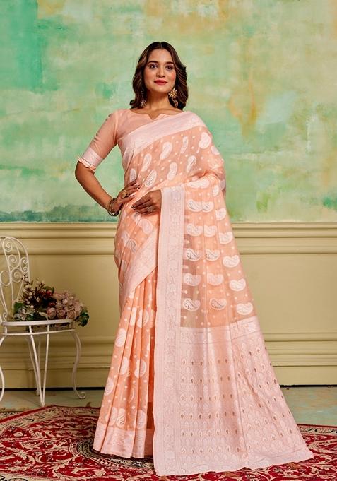 Peach Woven Cotton Saree Set