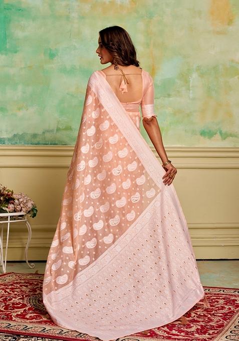 Peach Woven Cotton Saree Set